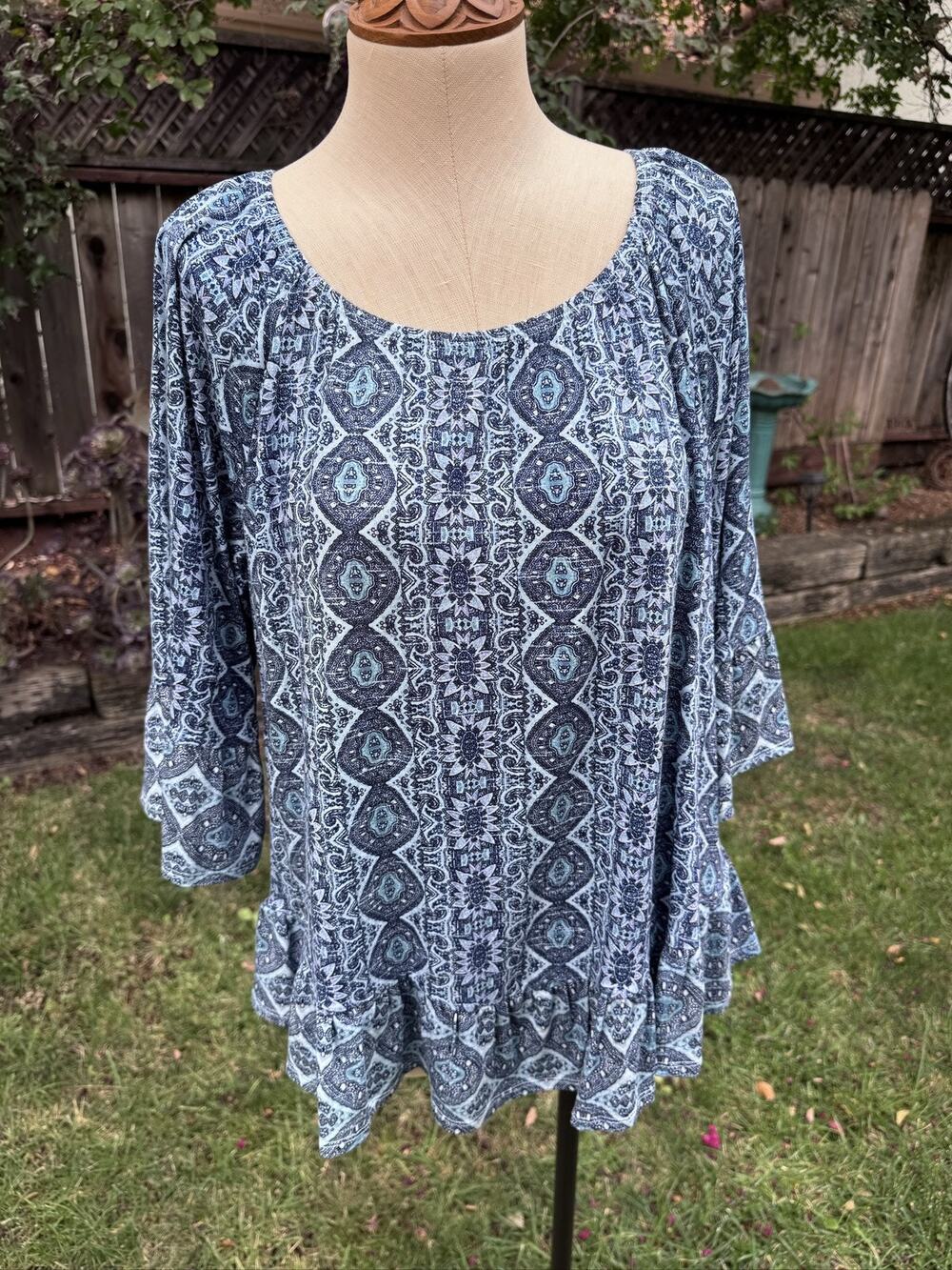 Style & Co Petite PL Blue Multicolor Ruffle Tunic Top 3/4 Sleeve Stretch Boho